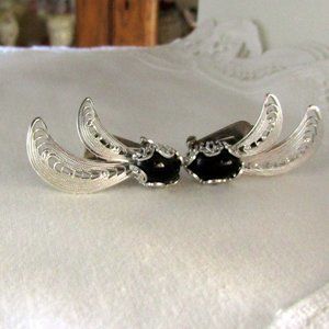 Vintage Silver Filigree Clip Earrings Deep Blue Prongset Stones